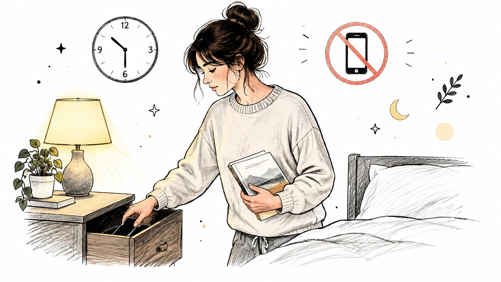 A woman putting her phone into a drawer to practice good sleep hygiene before going to bed.