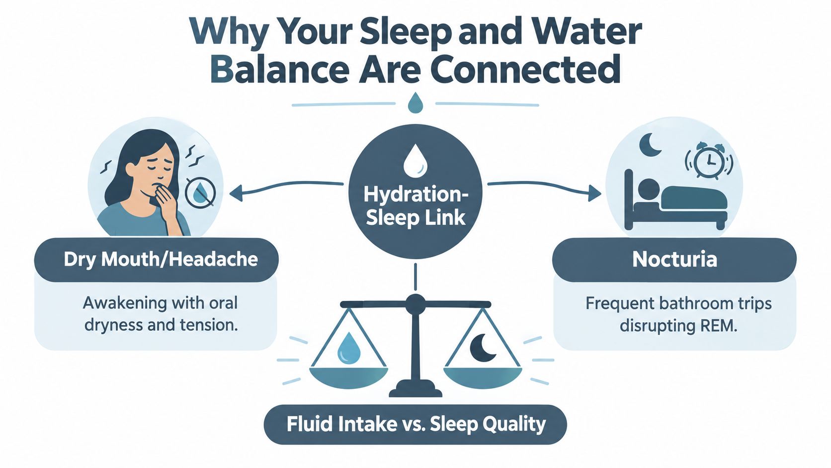 An infographic illustrating the direct connection between hydration levels and sleep quality, showing symptoms of imbalance.