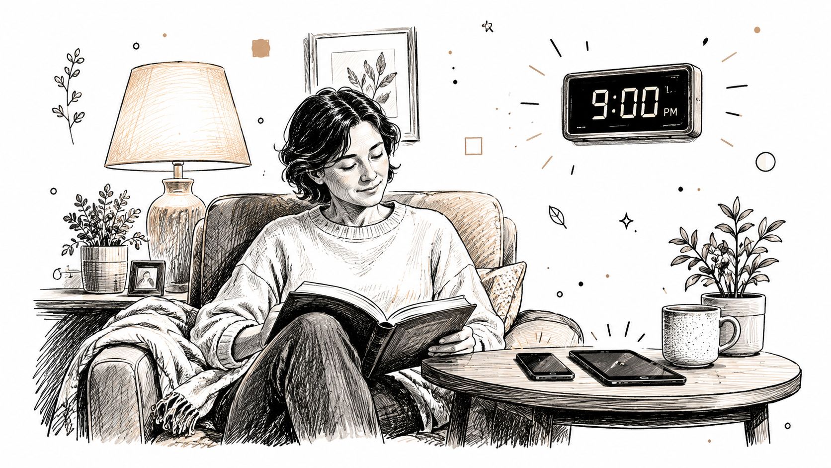 A woman comfortably reading a book while relaxing in an armchair at nine o'clock in the evening.