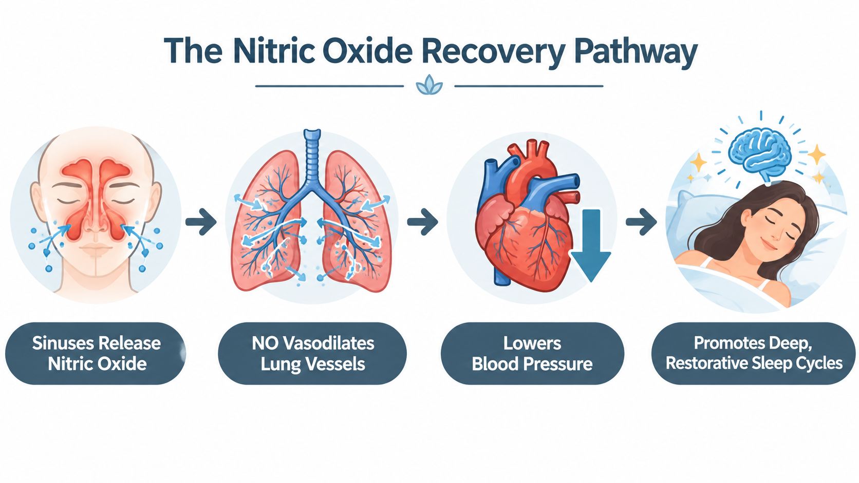 A diagram illustrating the nitric oxide recovery pathway, showing nasal breathing leading to improved sleep and health.
