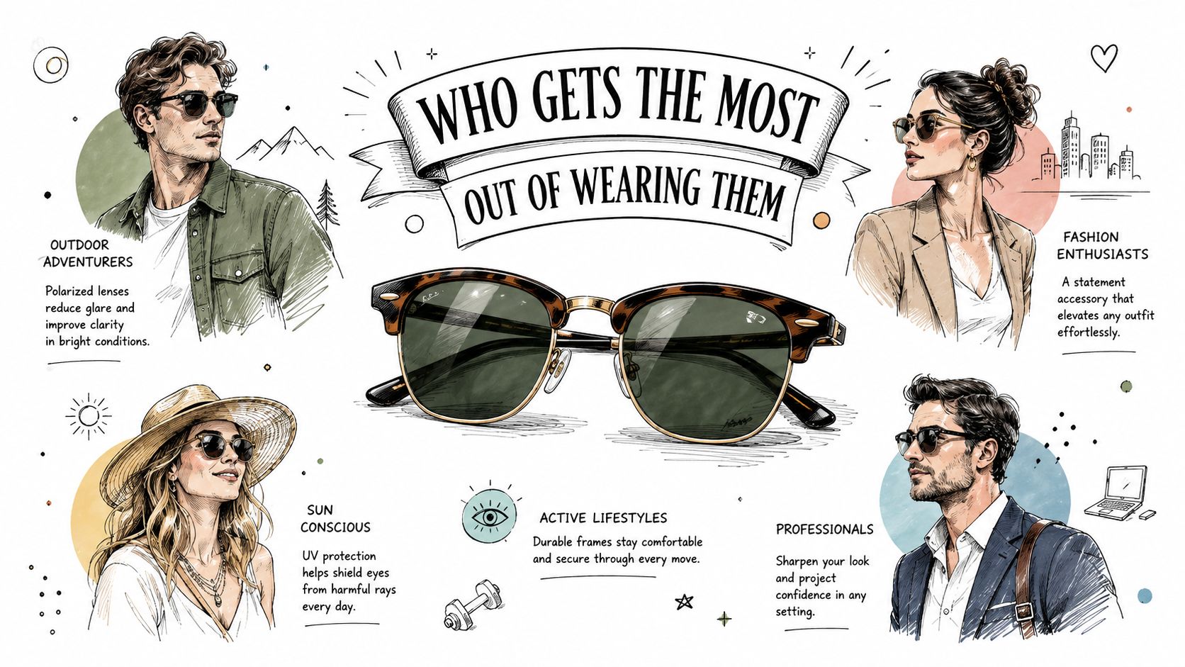 A stylistic illustration showing diverse individuals wearing classic sunglasses, highlighting benefits for adventurers, fashion, and professionals.