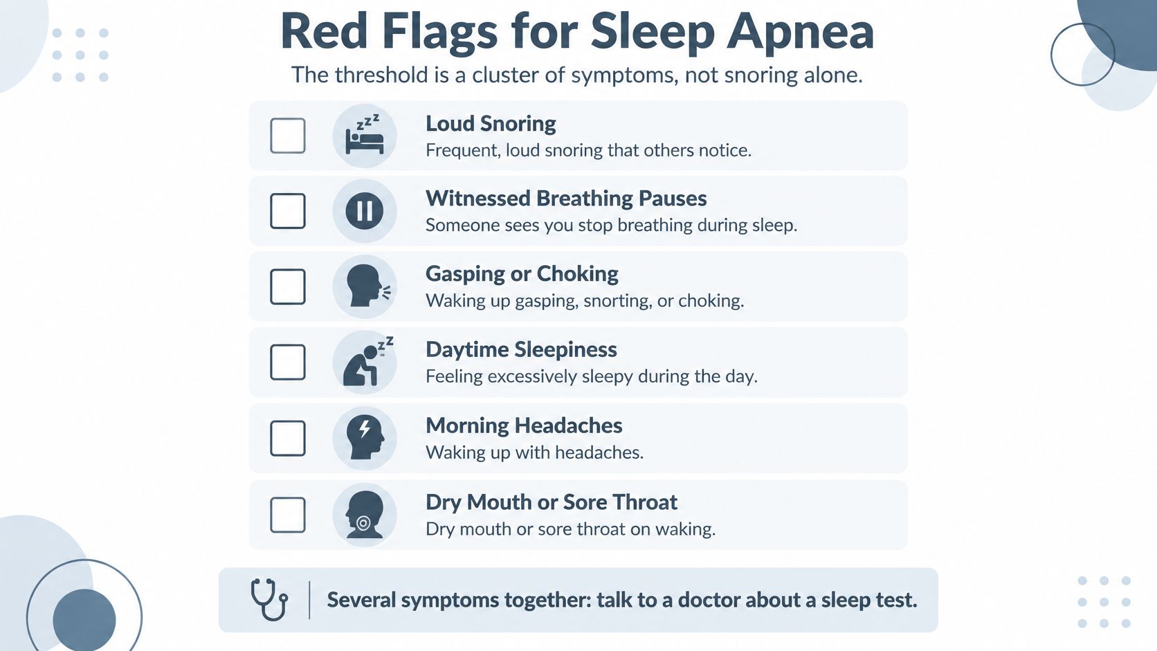 An infographic list outlining common red flag symptoms of sleep apnea to look for.