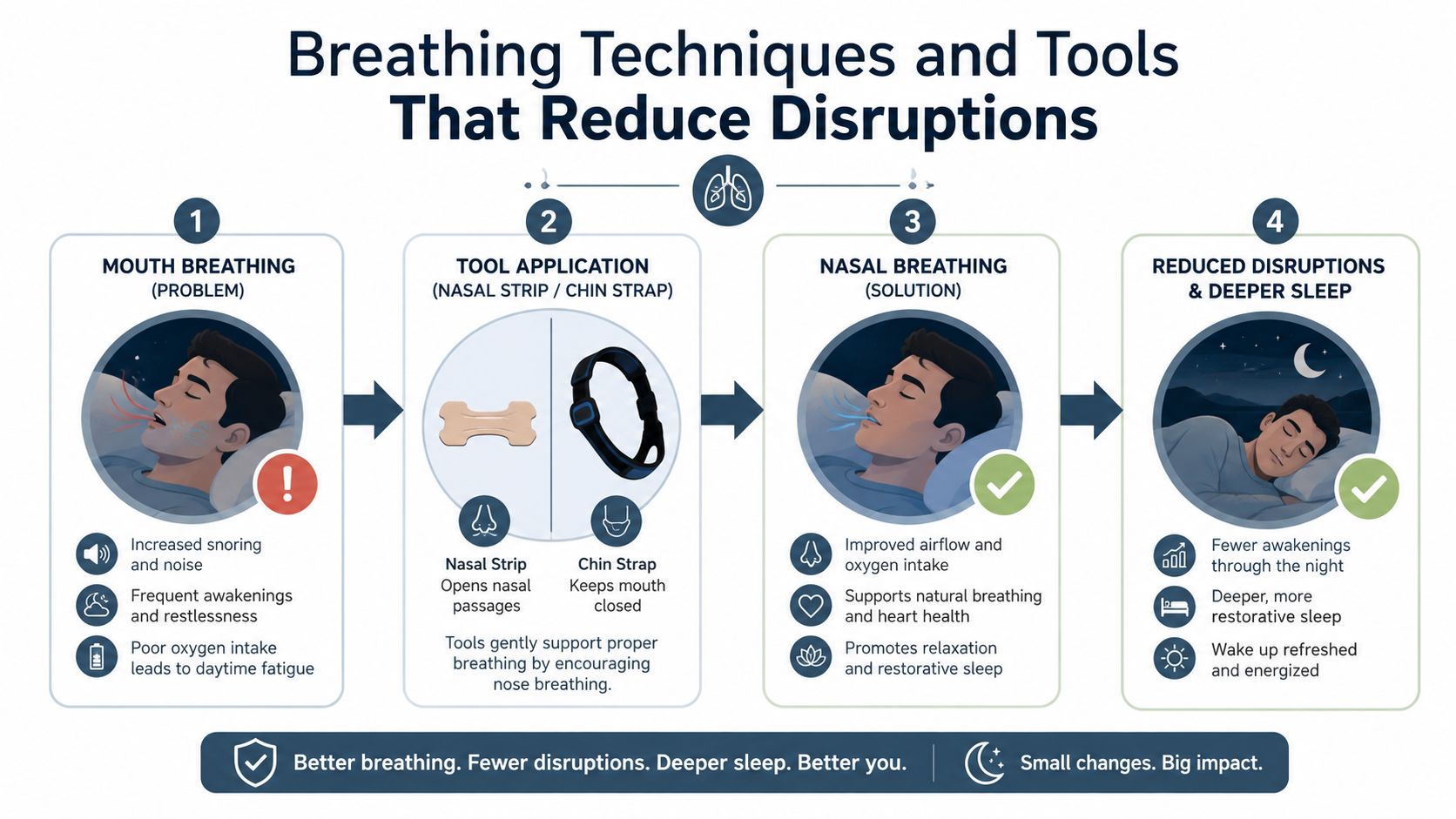 A diagram illustrating how nasal breathing tools like strips and straps help improve sleep quality and reduce snoring.