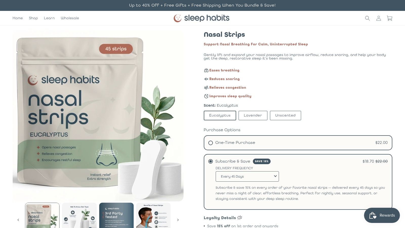 A pack of sleep habits unscented nasal strips with a stack of clear adhesive strips in front.