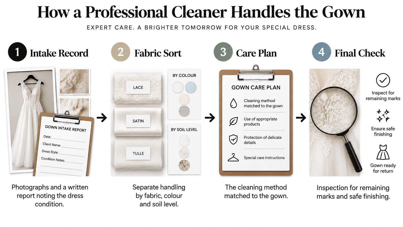 A four-step infographic illustrating the professional cleaning process for a wedding dress, from intake to final check.