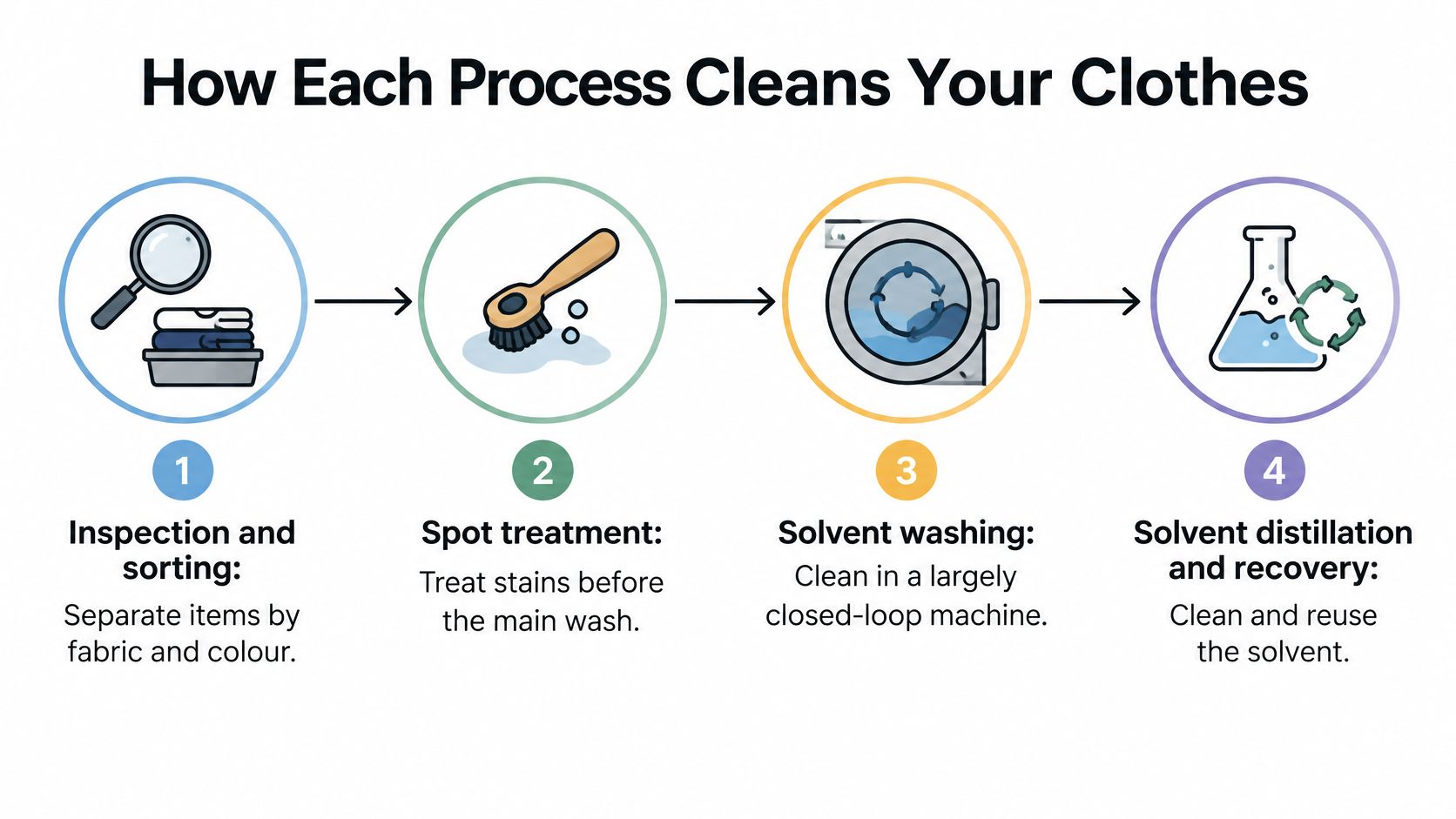 A four-step infographic illustrating the dry cleaning process, from initial garment inspection and sorting to final solvent recovery.