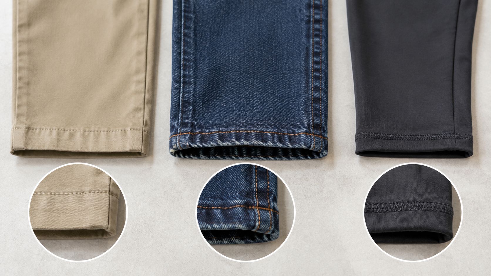 Close-up comparison of three different pant hem styles including beige chinos, blue jeans, and black leggings.