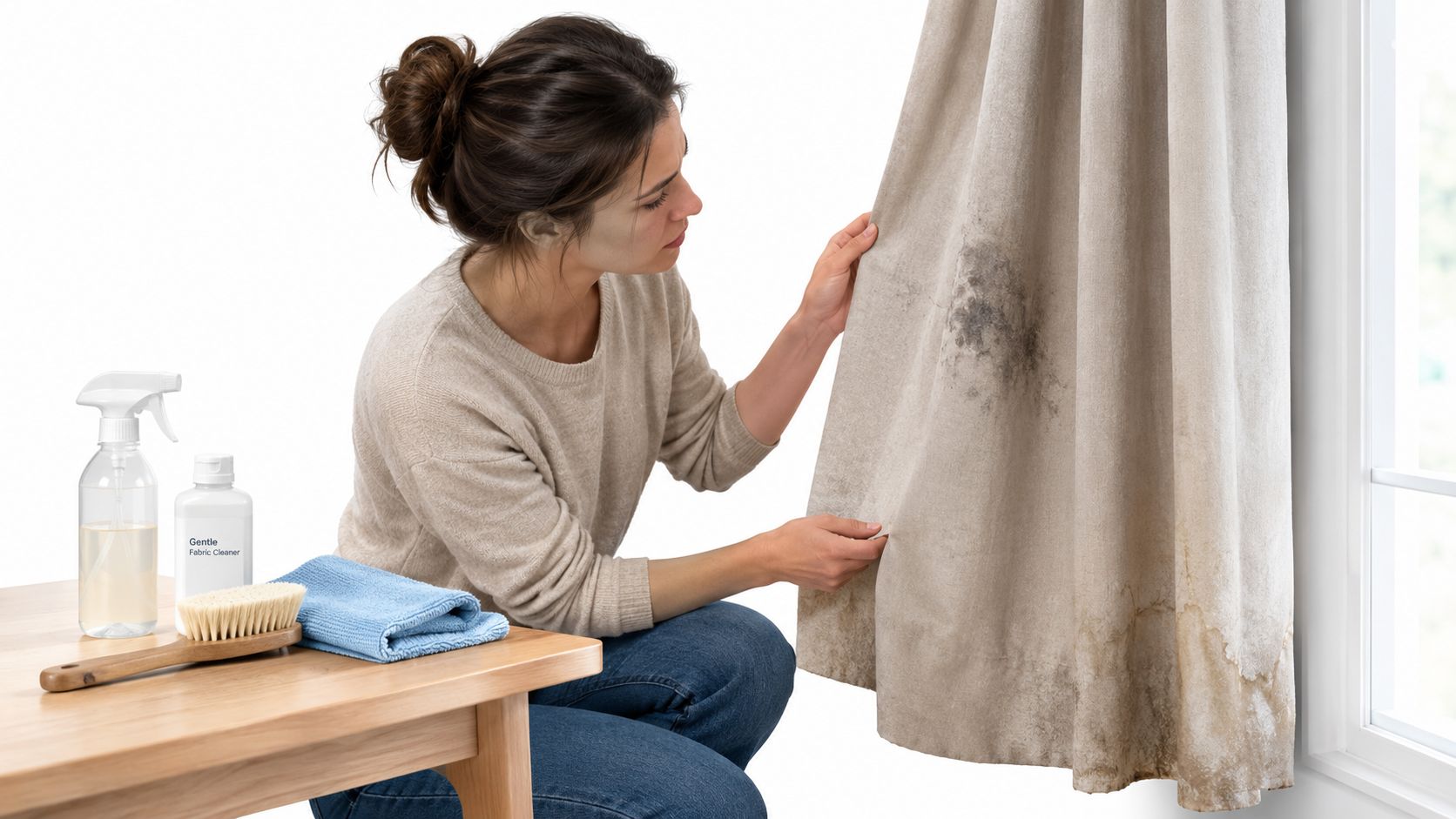 A woman inspecting a stained curtain before using cleaning supplies to remove mildew and dirt.