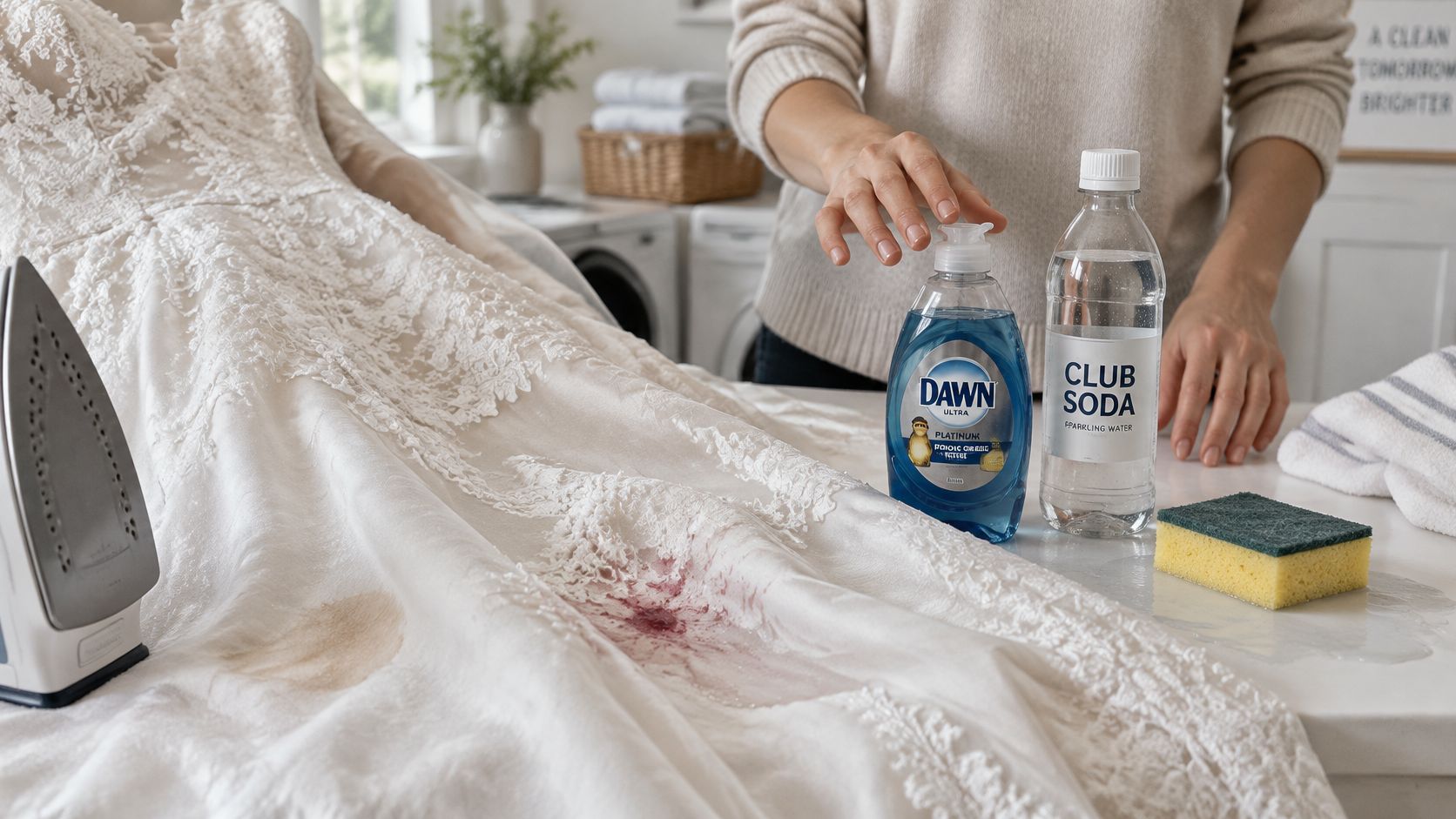 A person preparing to clean a wedding dress using Dawn dish soap, club soda, and a sponge.