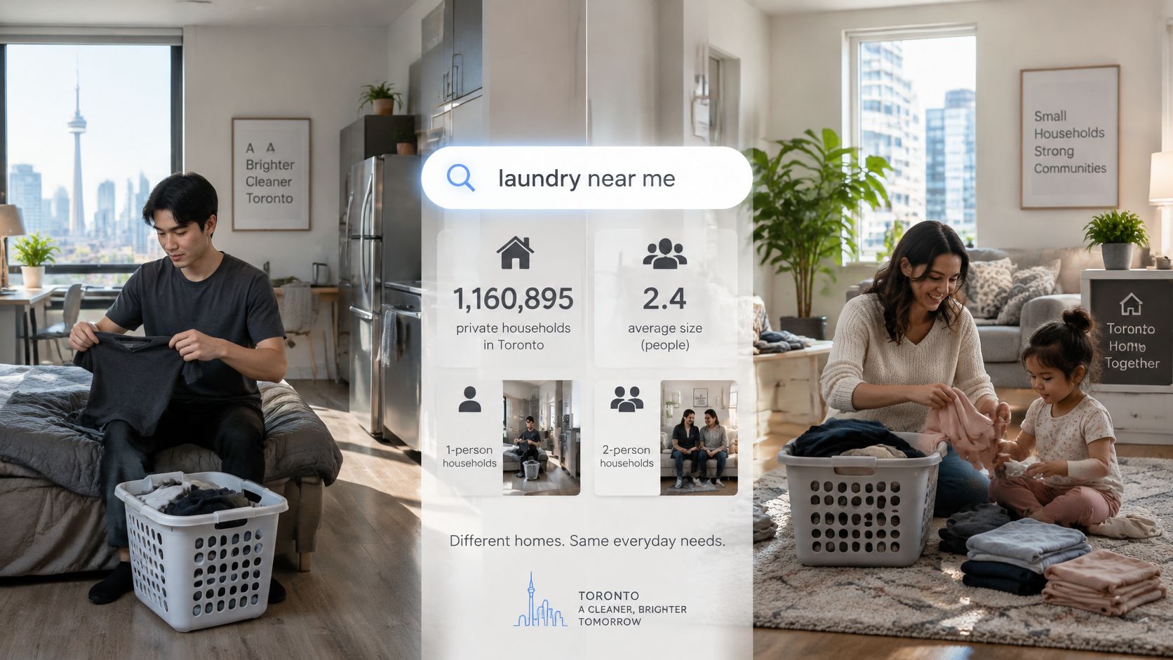 A split image showing a man and a family folding laundry in their homes in Toronto.
