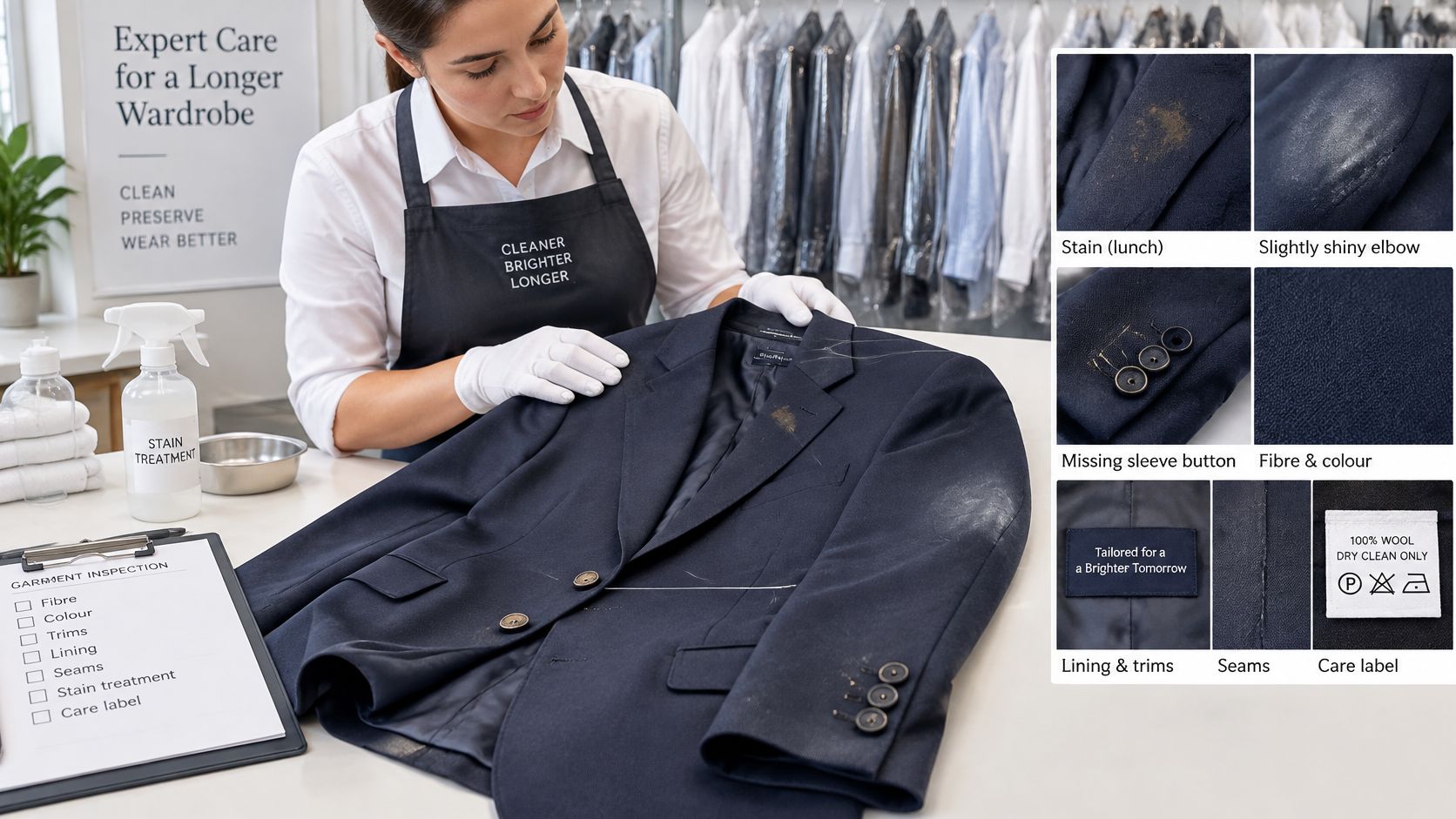 A professional dry cleaner inspecting a navy wool suit jacket for stains and repairs at a shop.
