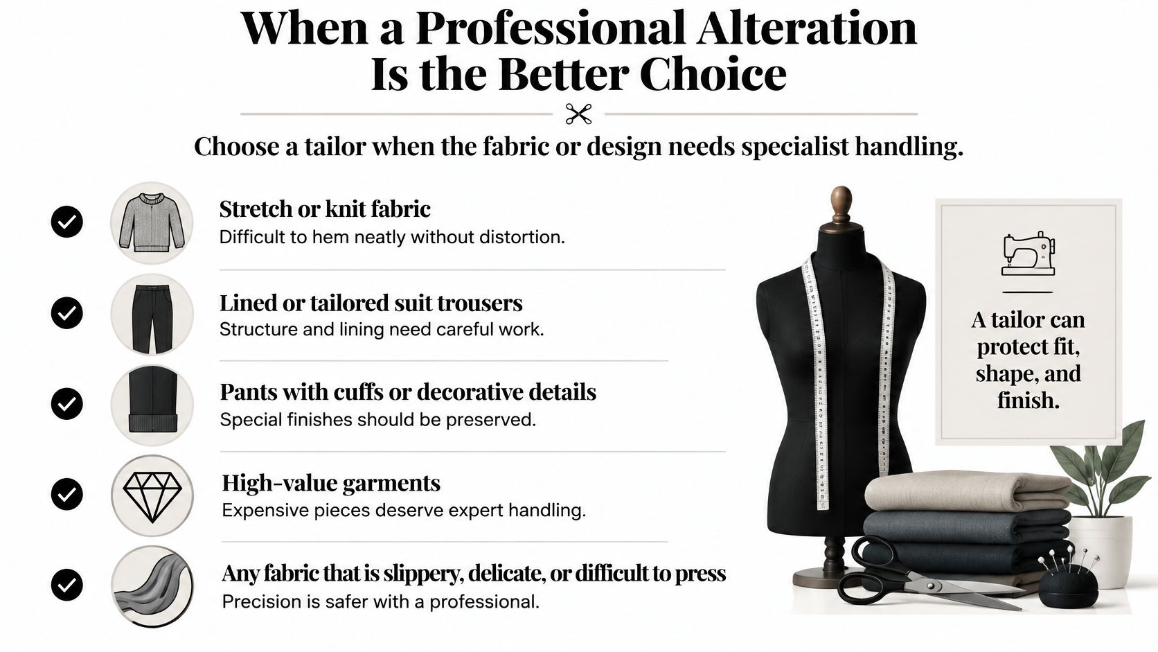 A professional infographic titled When a Professional Alteration Is the Better Choice, outlining when to hire a tailor.