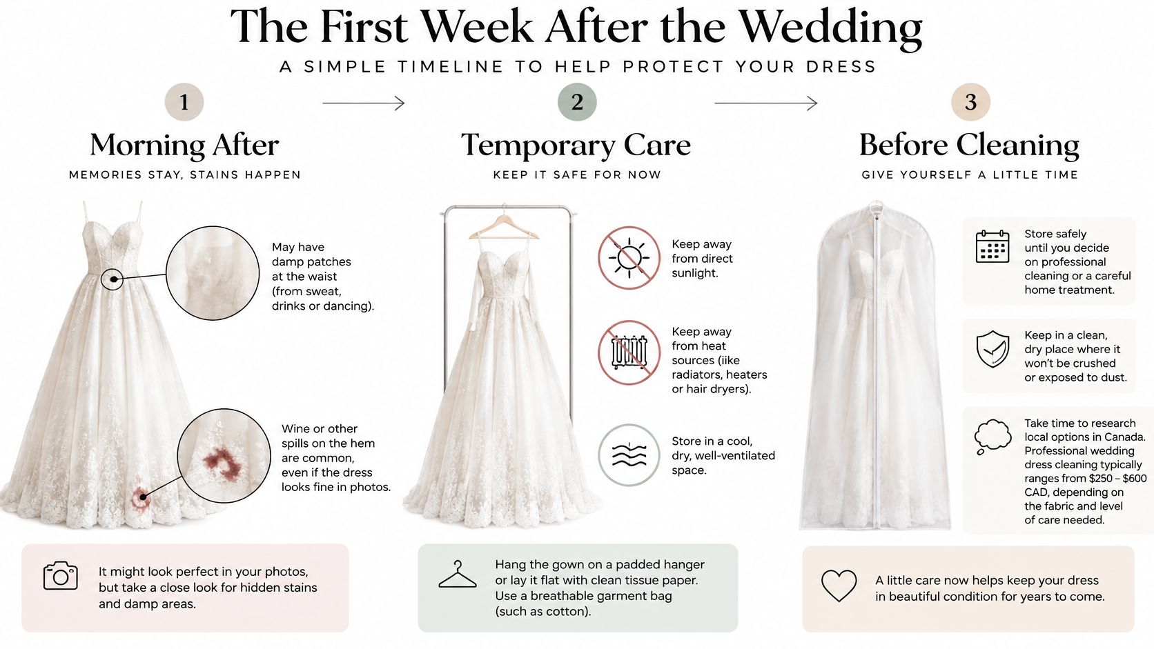 An infographic showing a three-step timeline for cleaning and storing a wedding dress after the wedding day.