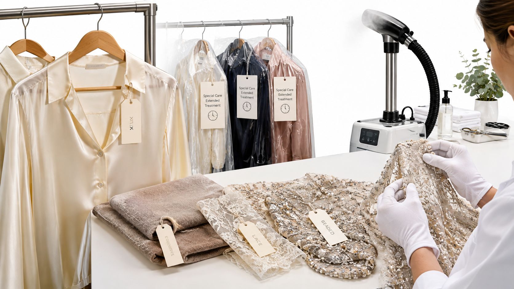 A professional dry cleaner in white gloves examines delicate beaded clothing near a steaming machine and garment racks.
