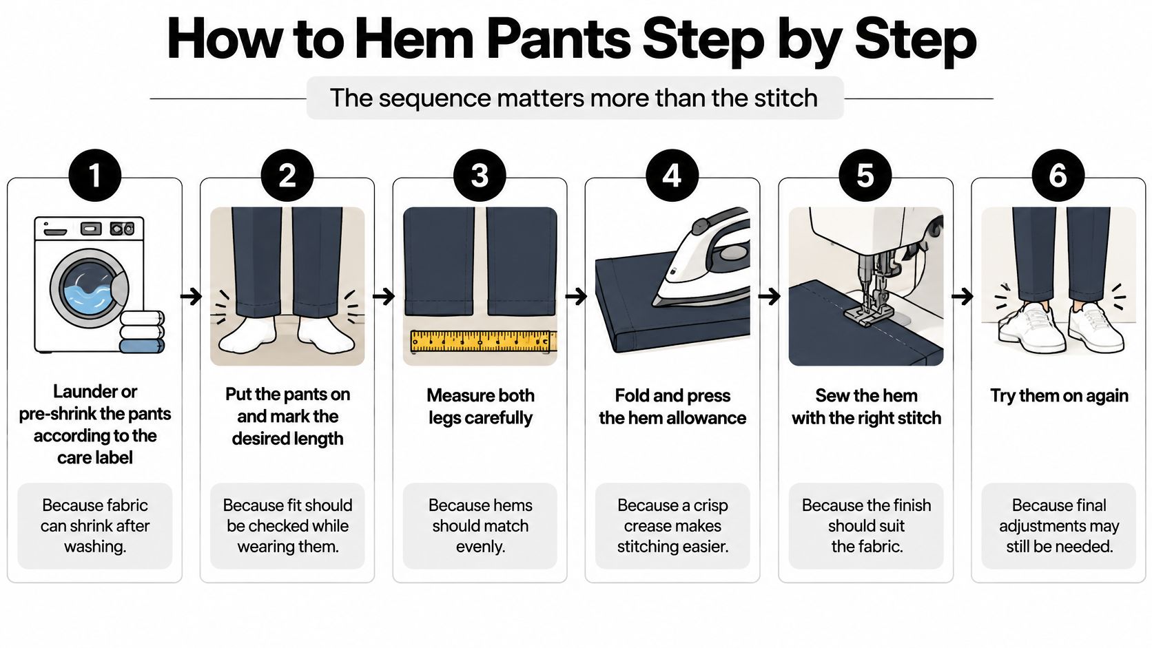 A six-step illustrated guide showing how to properly hem pants, from washing to the final fit test.