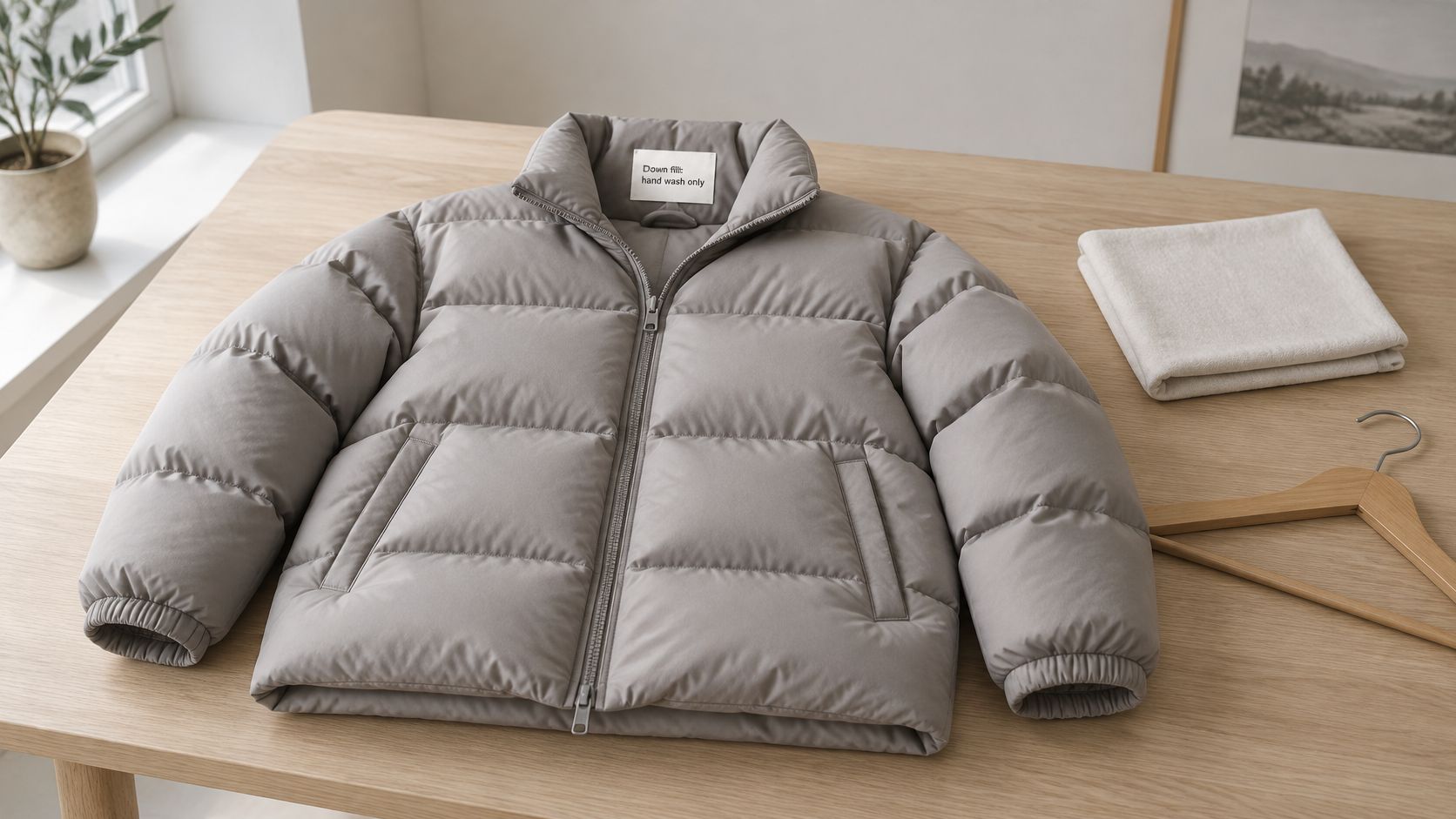 A gray puffer jacket laid flat on a light wooden table next to a folded cloth.