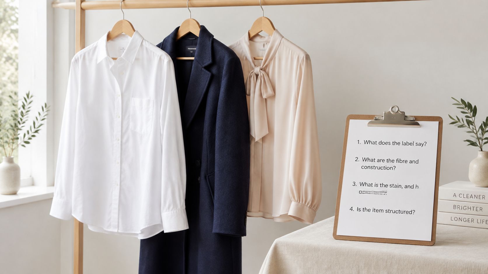 A wooden clothing rack holding a white shirt, a navy coat, and a beige blouse with a checklist.