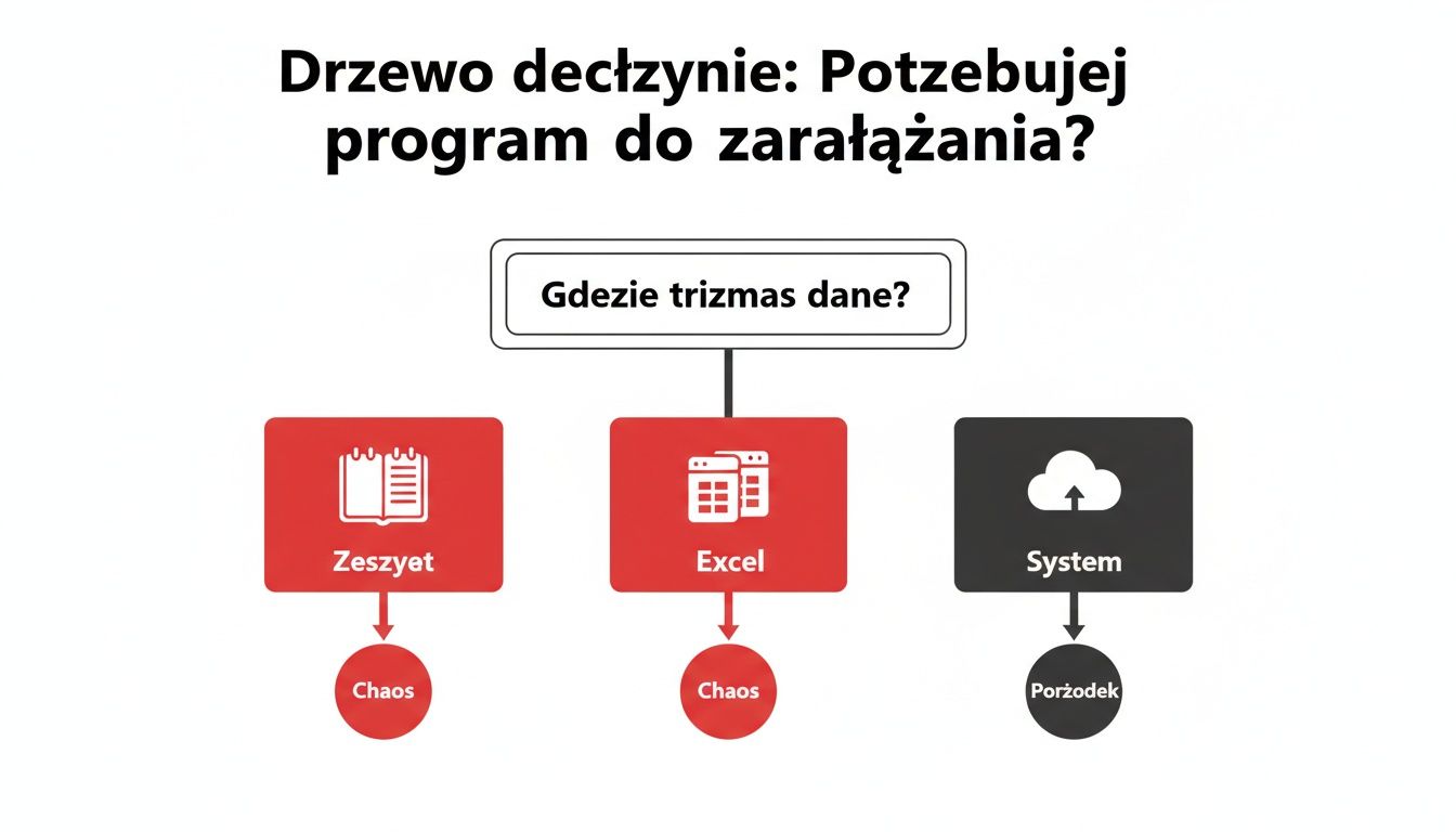 Drzewo decyzyjne pytające o potrzebę programu do zarządzania, ilustrujące, że dane w zeszycie lub Excelu prowadzą do chaosu, a system do porządku.