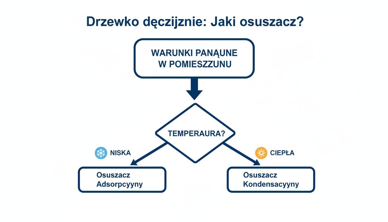 Drzewko decyzycyjne przedstawiające wybór osuszacza powietrza w zależności od temperatury w pomieszczeniu.