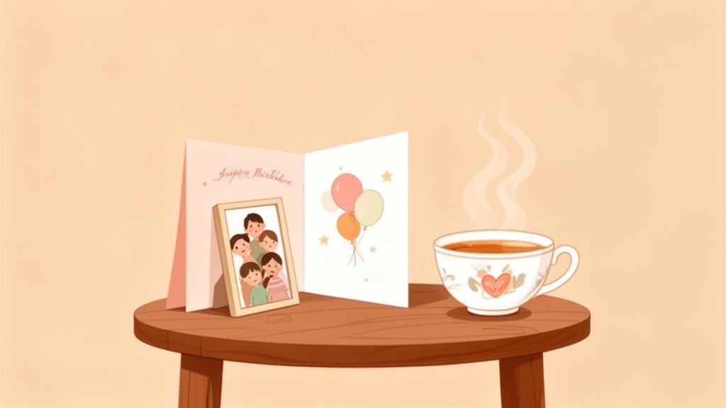 A heartwarming illustration showing a birthday card, a family photo, and a steaming cup of tea on a wooden table.