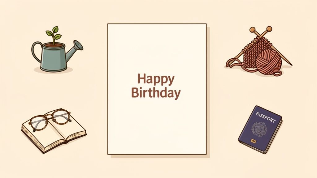 A Happy Birthday card surrounded by a plant in a watering can, knitting, a book with glasses, and a passport.