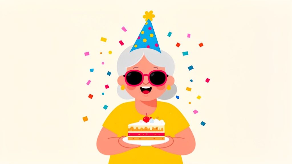 Cheerful cartoon grandma celebrates birthday with a party hat, sunglasses, and a piece of cake.