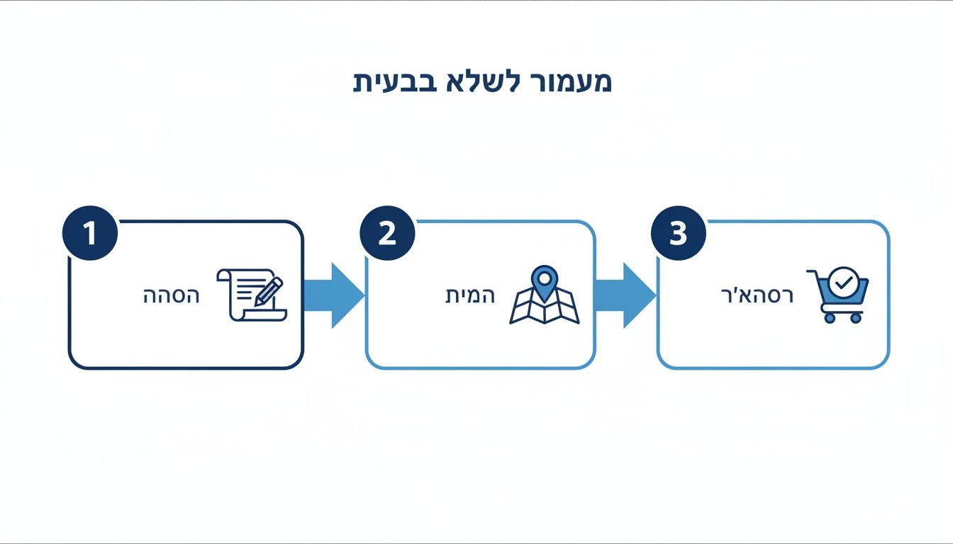 דיאגרמת זרימה בעלת שלושה שלבים: 'הסחה' עם מסמך, 'המית' עם מפה, ו'רסהאיר' עם עגלת קניות.