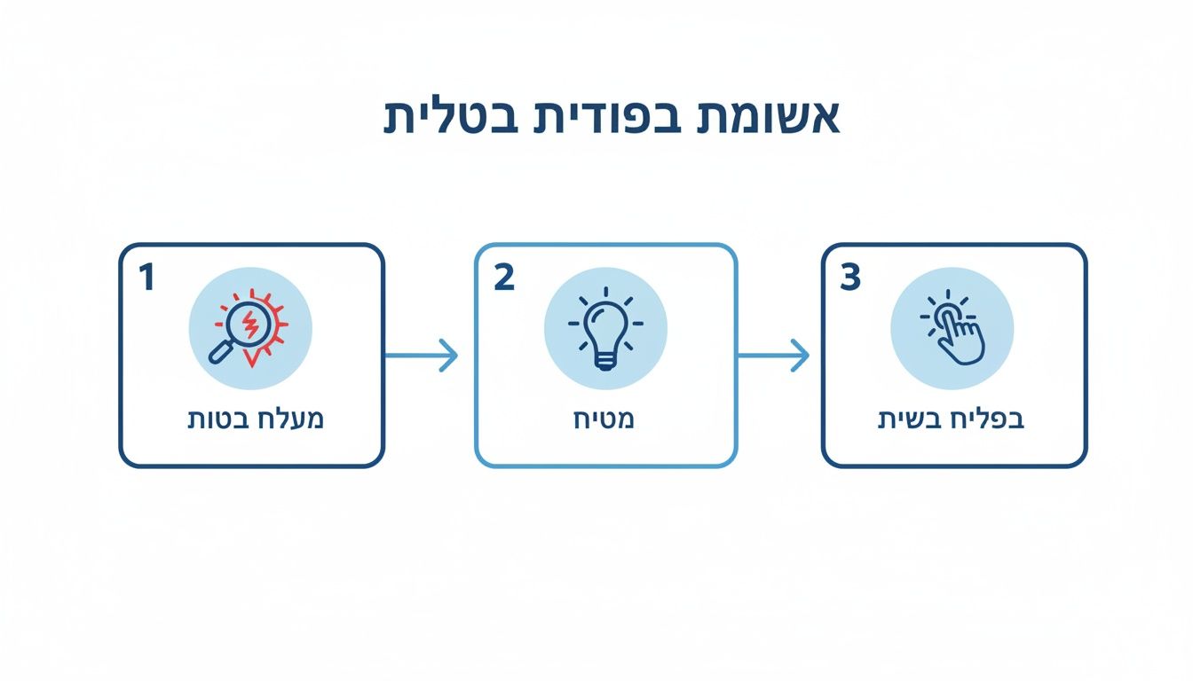 דיאגרמת תהליך אוטומציה בת שלושה שלבים: זיהוי, פיתוח ויישום, עם אייקונים וטקסט בעברית.