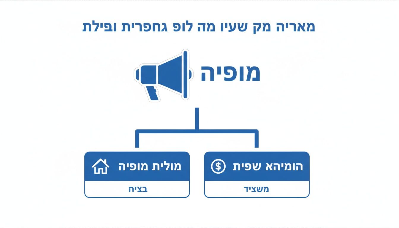 דיאגרמה ארגונית המציגה את 'מופיה' כמגפון, עם שני ענפים: מולית מופיה (עם איקון בית) והומיאה שפית (עם איקון דולר).