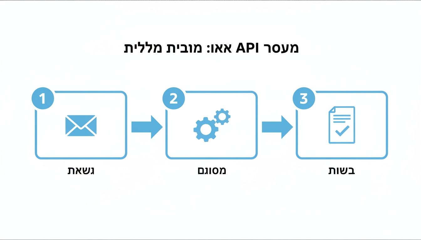 תרשים זרימה של תלת-שלבי: קבלה (מעטפה), עיבוד (גלגלי שיניים) וסיום משימה (מסמך עם וי).