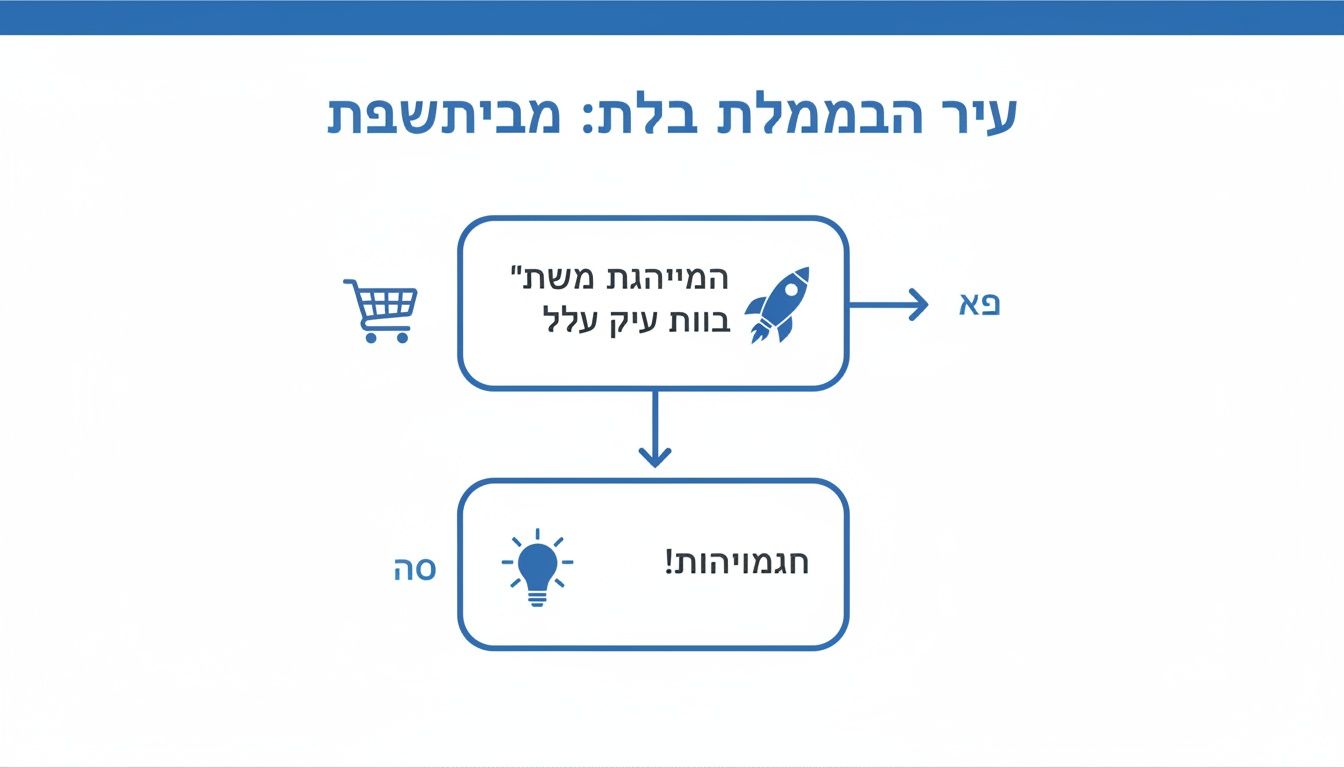 דיאגרמה המציגה תהליך יצירת רעיונות ופיתוח מוצרים, עם סמל עגלת קניות, טיל ונורת חשמל.