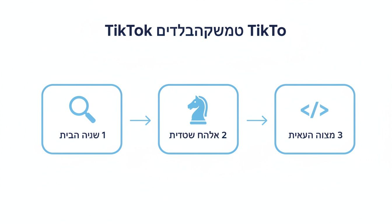 תרשים זרימה תלת-שלבי לקידום בטיקטוק: מחקר, גיבוש אסטרטגיה ויישום טכני.