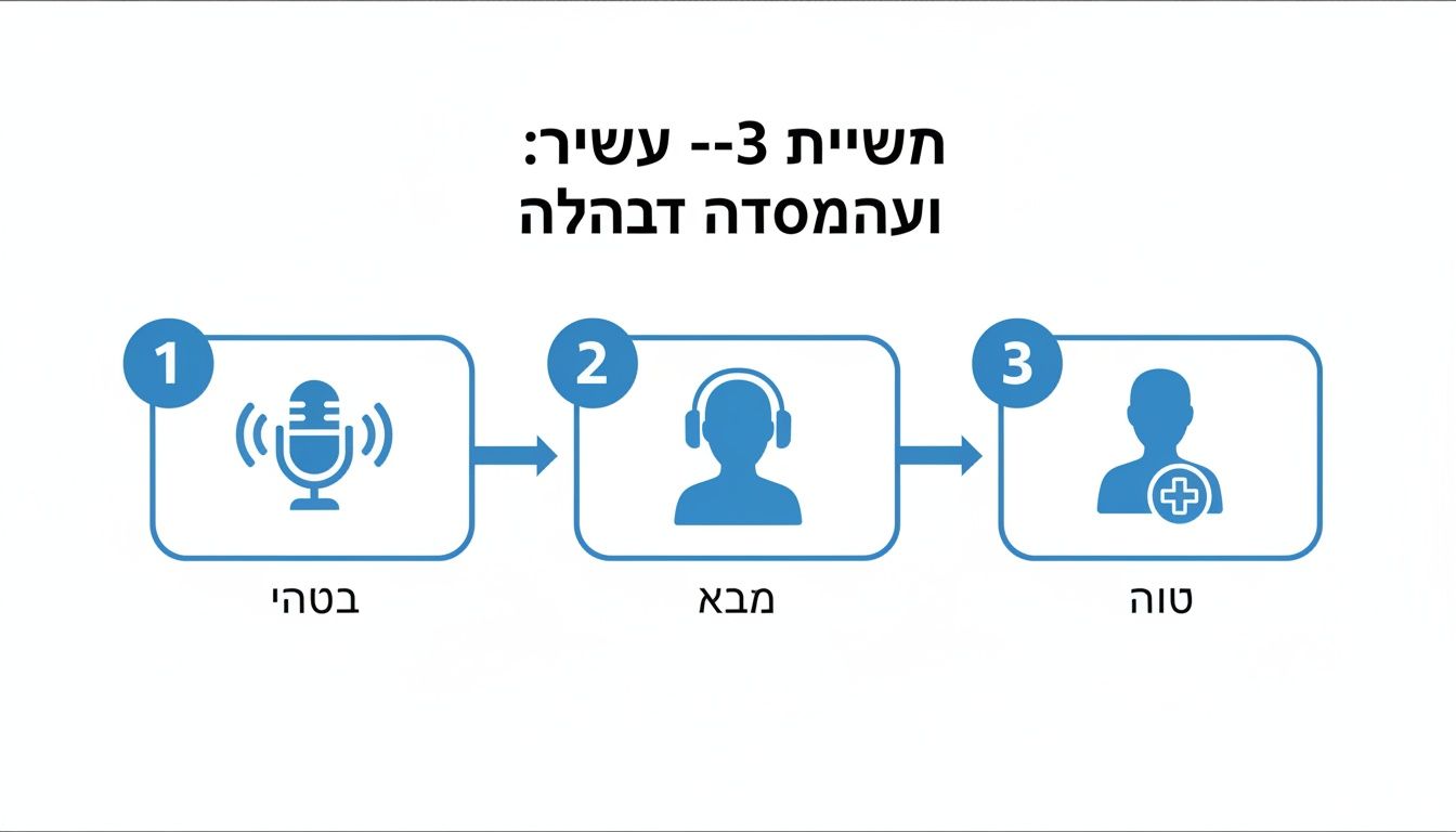 דיאגרמת זרימה בת שלושה שלבים להפקת פודקאסט, הכוללת הקלטה, האזנה ועריכה, ולבסוף פרסום ושיתוף.