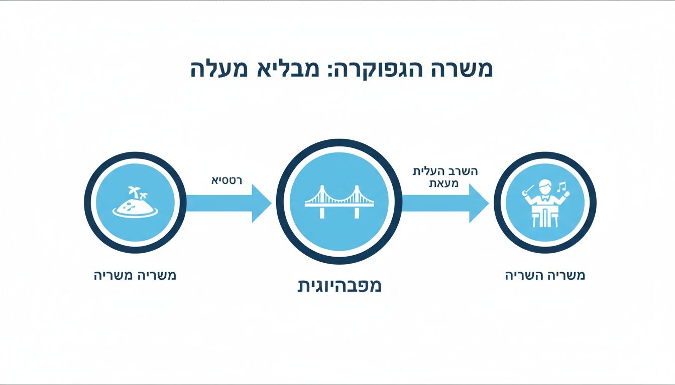 תרשים זרימה המציג תהליך התפתחות: מאי בודד דרך גשר מחבר ועד למנצח תזמורת, המסמל מעבר מבידוד לשילוב וארגון.