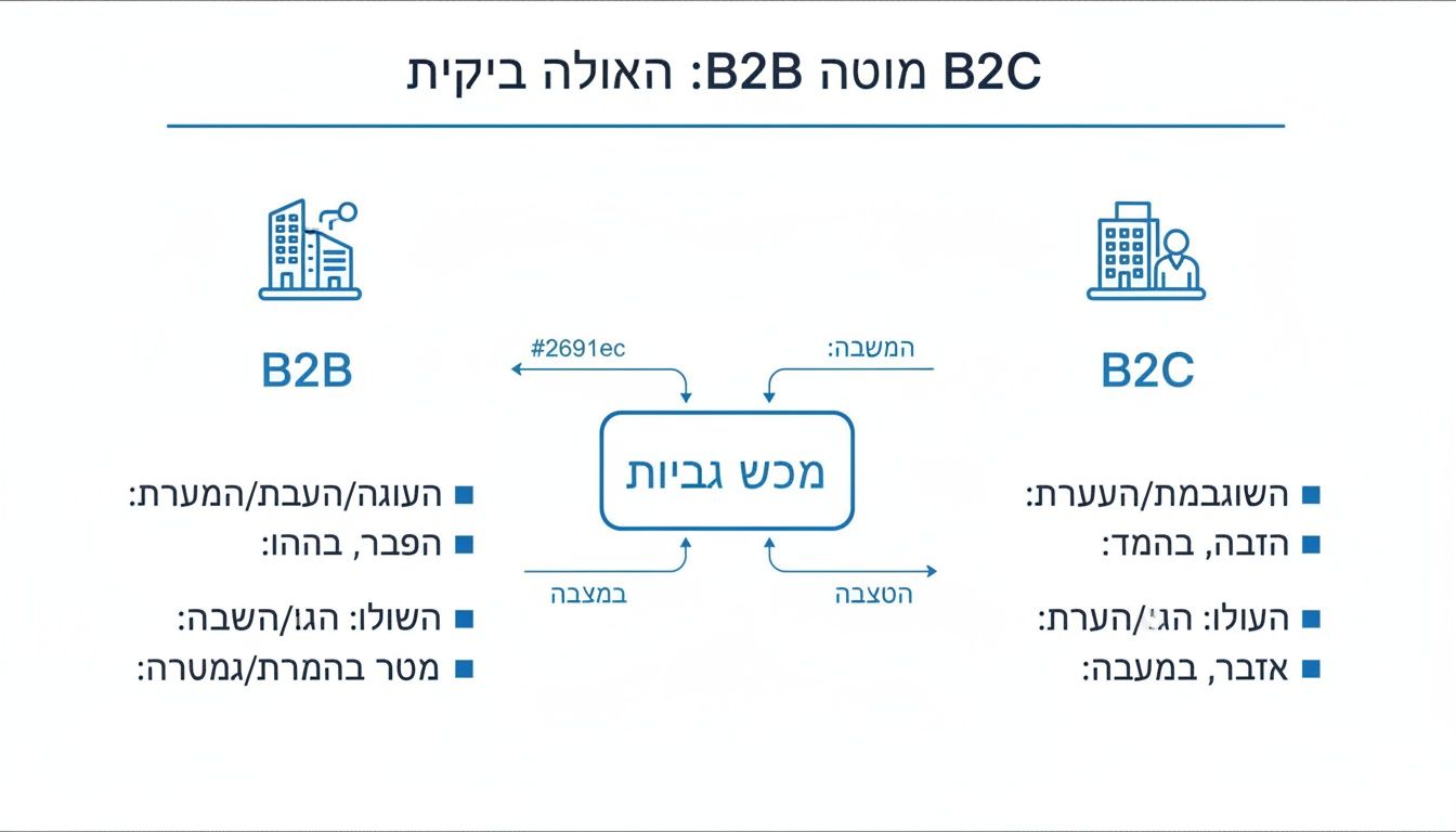 דיאגרמה המשווה תהליכי B2B ו-B2C, עם מנגנון גבייה מרכזי ותכונות קשורות.