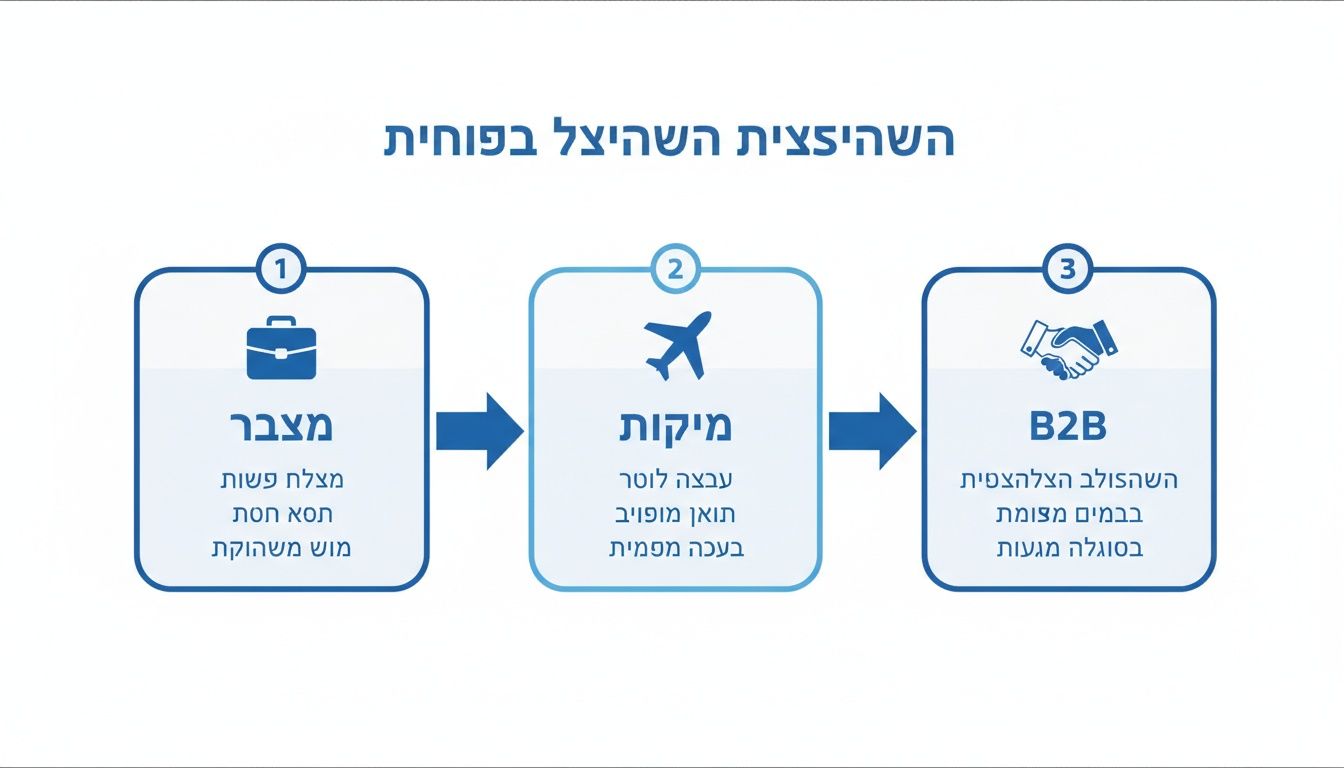 תרשים זרימה המציג תהליך עסקי בשלושה שלבים: מצבר (תיק), מיקוד (מטוס) ו-B2B (לחיצת יד), עם כותרות ותיאורים קצרים.