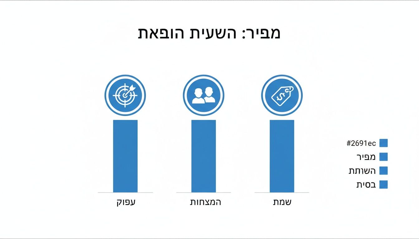 שלושה גרפים עמודות כחולים עם אייקונים של מטרה, אנשים ותג מחיר, מלווים בכיתוב עברי וכותרת בולטת.