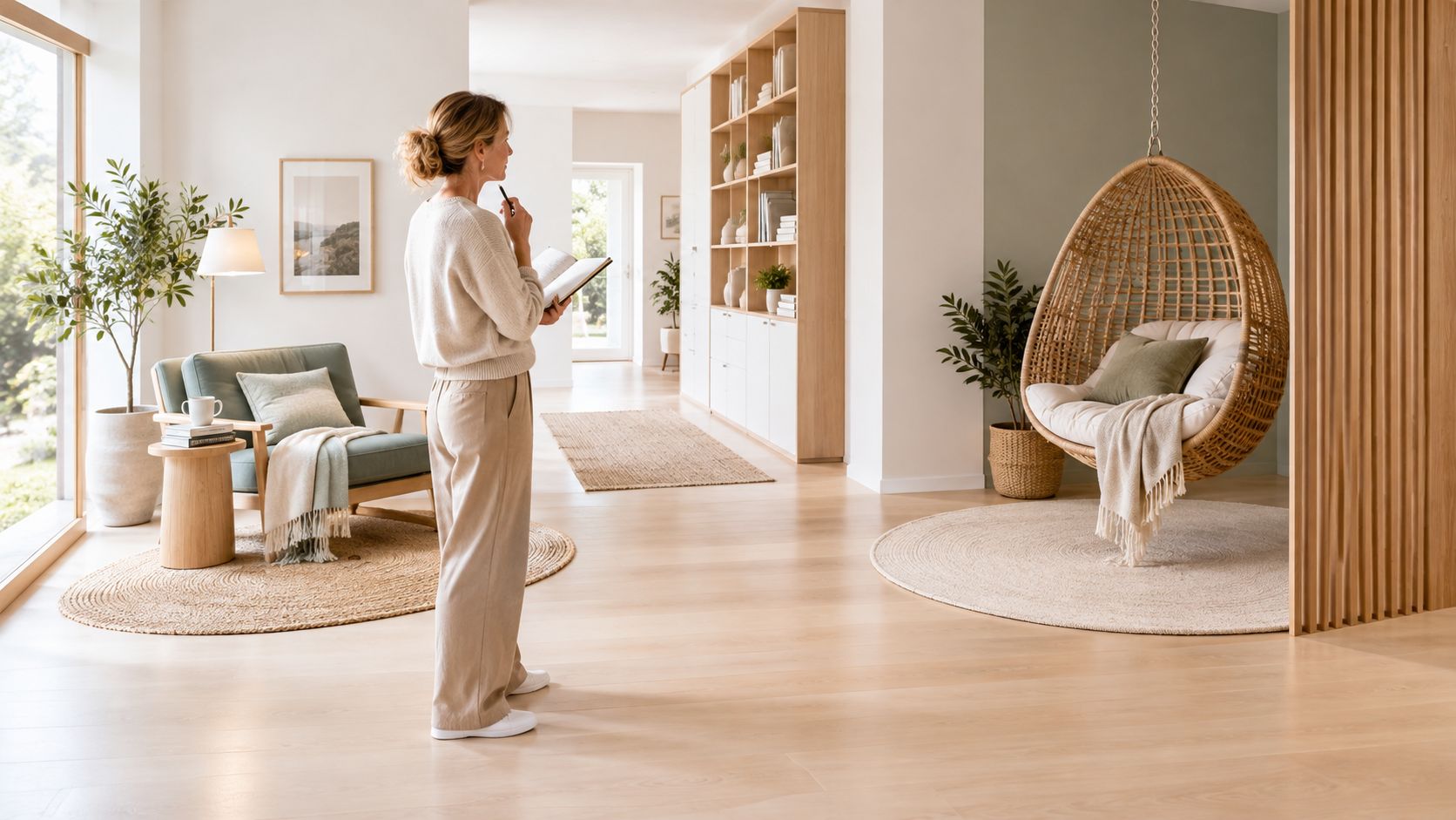 Une femme réfléchit en consultant son carnet de notes dans un salon spacieux au design intérieur élégant.