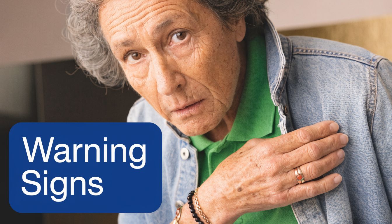 An elderly person with a worried expression holding their chest, representing potential medical warning signs.