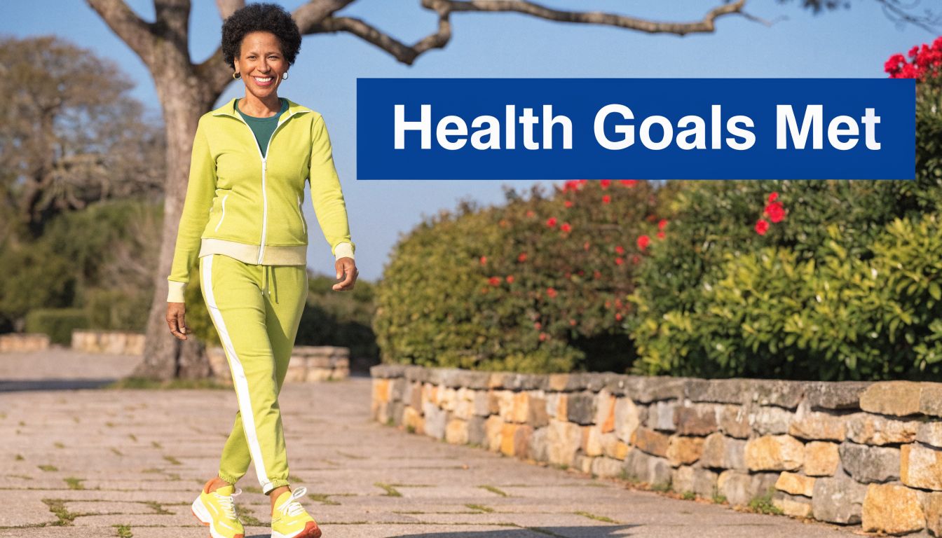 A healthy woman walking outdoors in a park, smiling and wearing comfortable athletic exercise clothing.