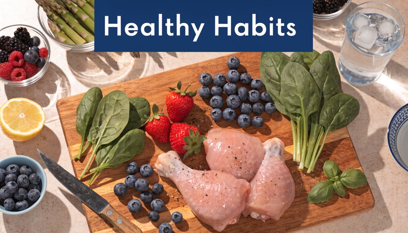A wooden cutting board with raw chicken legs, fresh spinach, strawberries, blueberries, and healthy ingredients around.