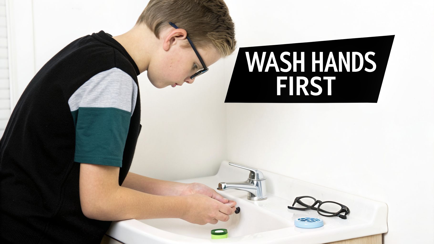 A young boy wearing glasses leaning over a bathroom sink, with a "Wash Hands First" sign.