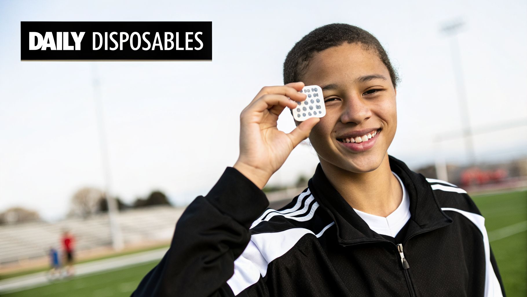 A smiling teenager holds a pack of daily disposable contact lenses to their eye on a sports field.