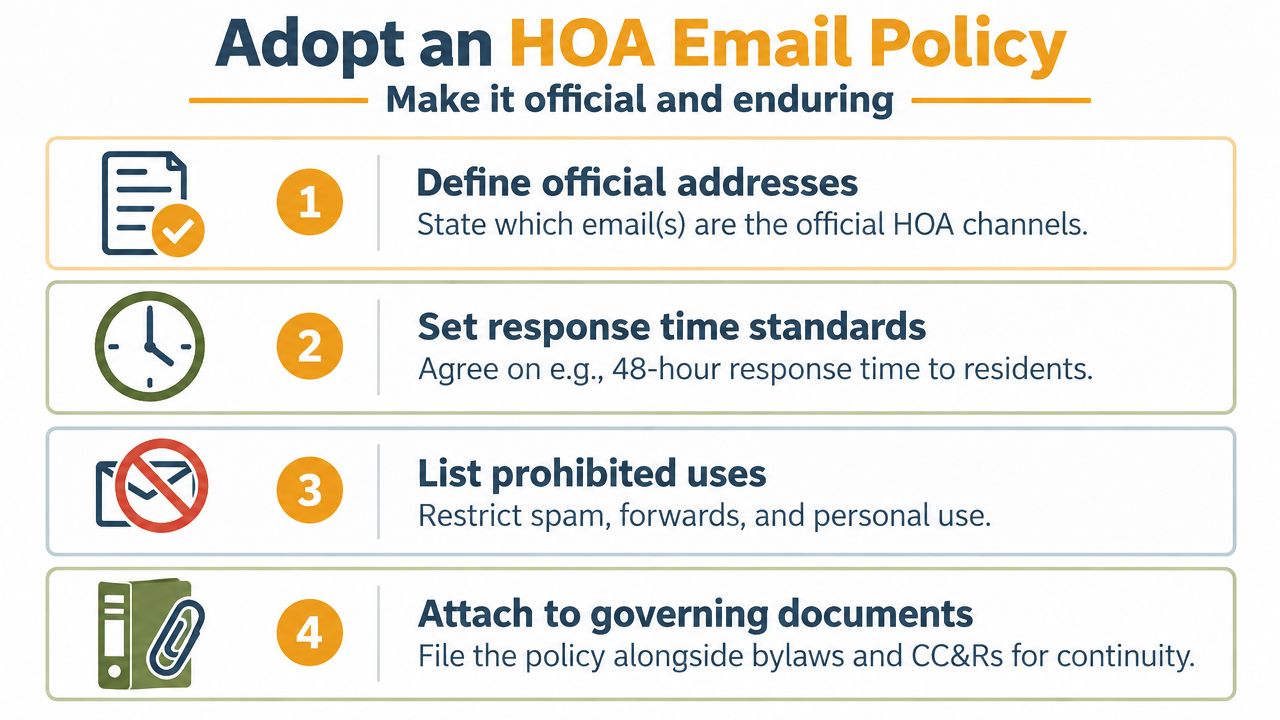 An infographic outlining four essential steps to adopt an official HOA email communication policy for homeowners associations.
