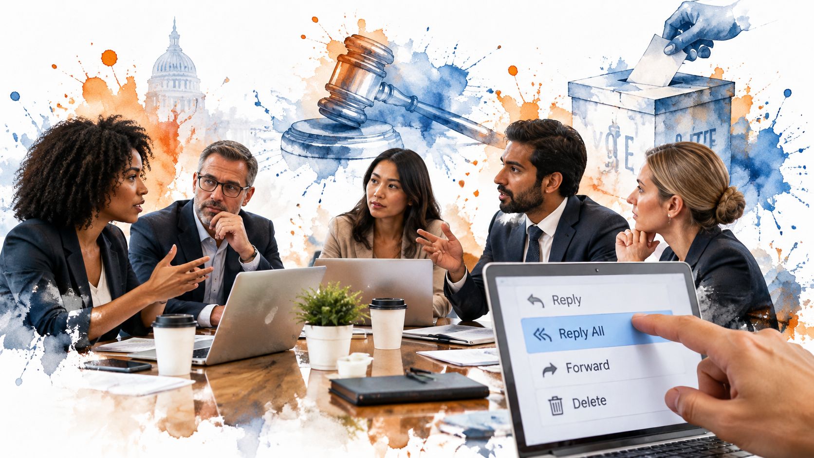 A professional business team having a meeting with digital business themes illustrated in the background.