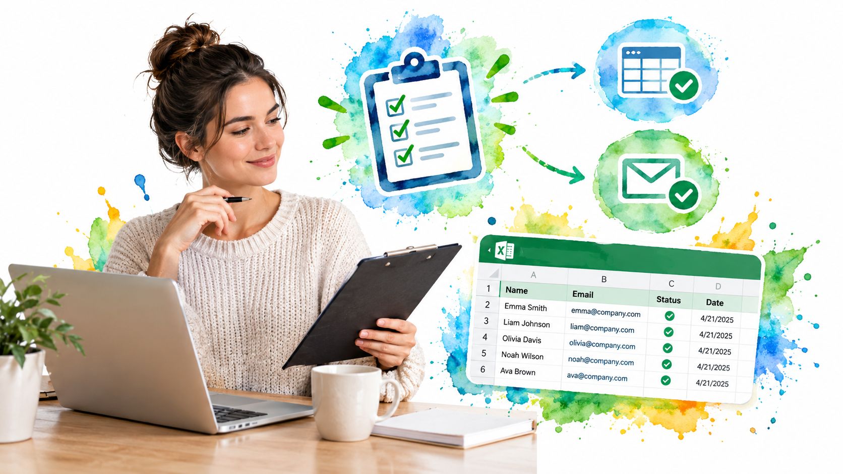 A woman working on a laptop while managing data with a clipboard and an Excel spreadsheet.