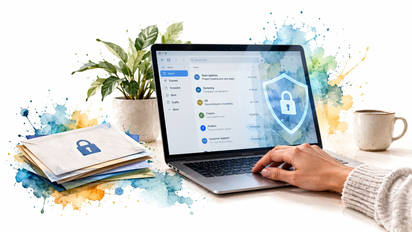 A hand using a laptop to manage secure emails in a modern, creative workspace setting.