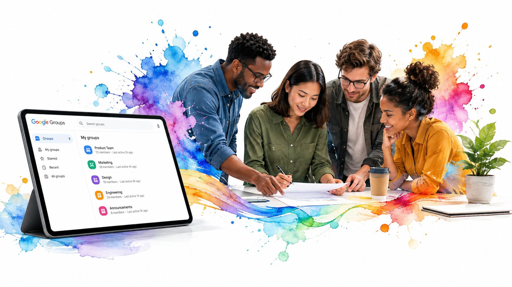 A diverse group of colleagues collaborating on a document near a tablet displaying the Google Groups interface.