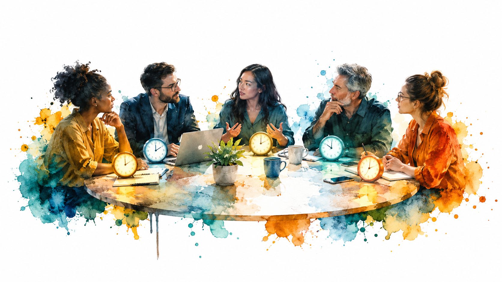 A diverse team of professionals collaborating around a table with clocks, illustrating time management for business communication.