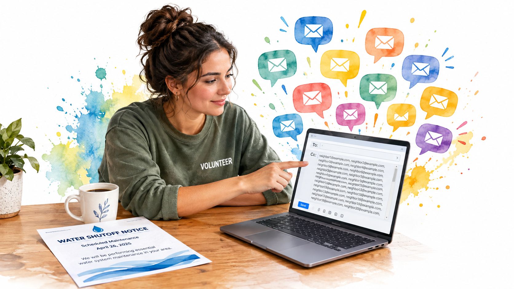 A volunteer woman at a wooden desk uses a laptop to email many neighbors simultaneously.